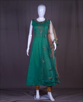 Green Coloured Cotton Zari Embroidery Work Kurti Set